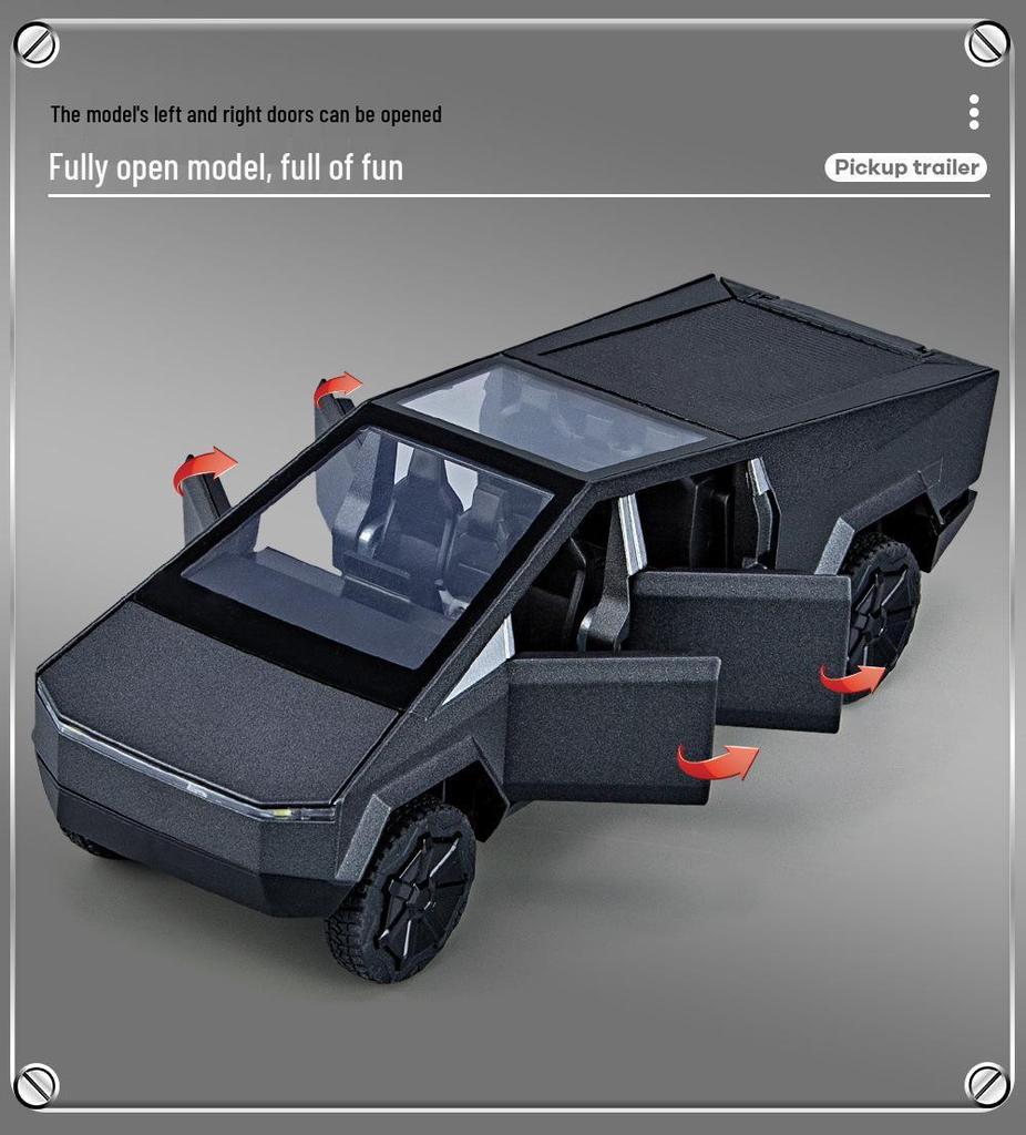 1:32 Tesla Pickup Truck Toy with Caravan: Alloy Pull-back Model with Sound, Light, and Opening Doors