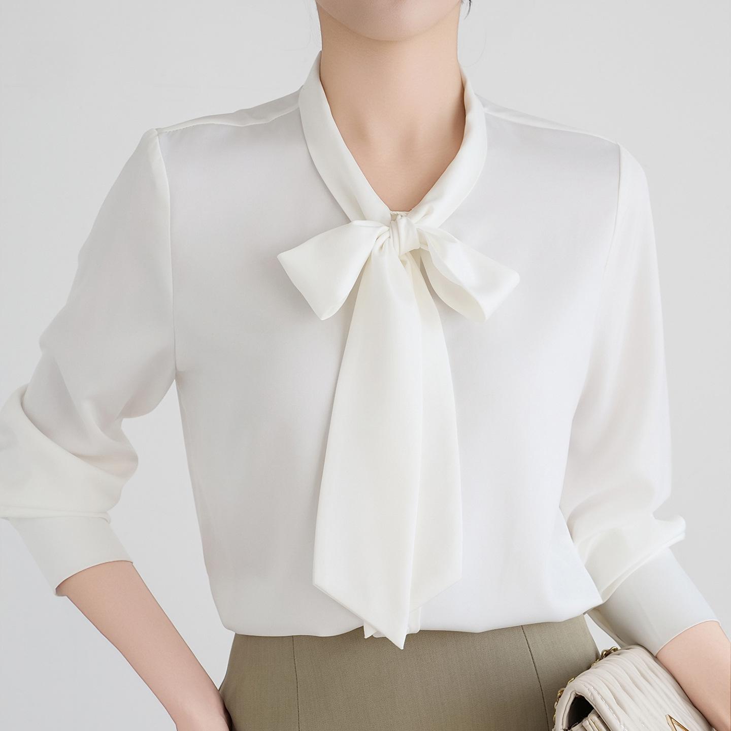 Women s Satin Drape White Long Sleeve Bow Tie Shirt S (up to 100 lbs) белый