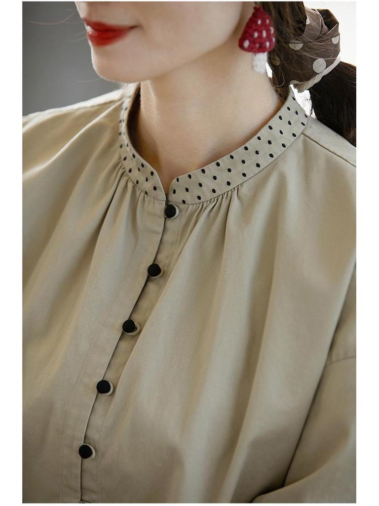 Original Women's Retro Green Hemp Stand-up Collar Embroidered Casual Shirt - New Chinese Style