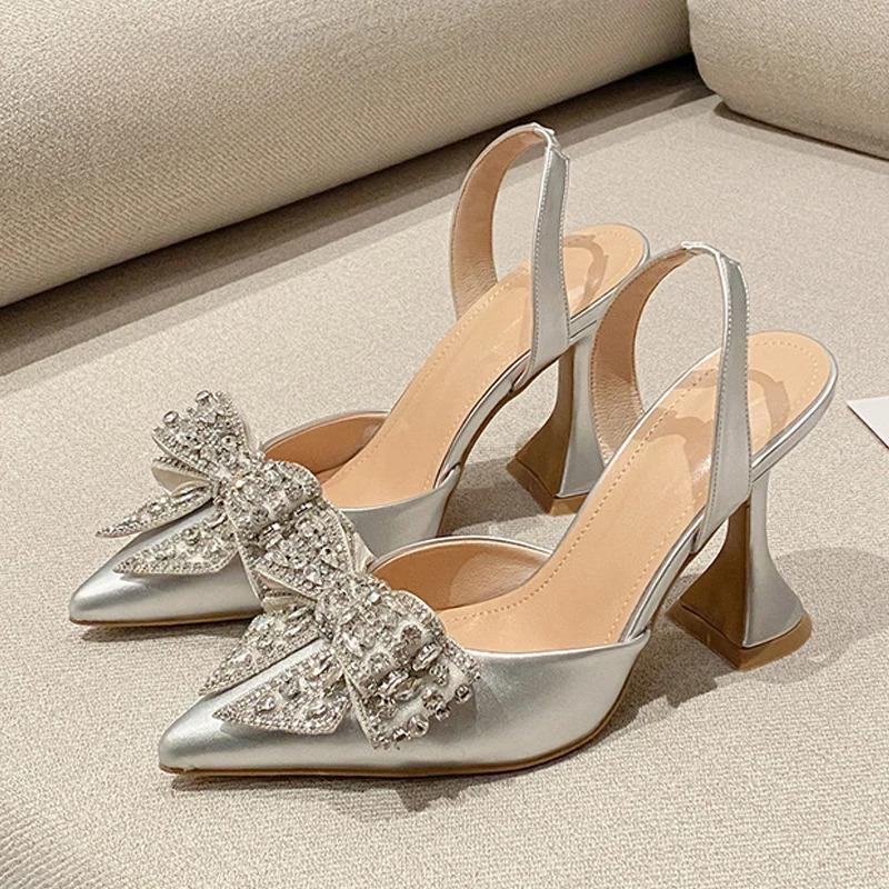 Fashion Luxury Women's High Heels Fashion Glitter Rhinestones Pumps Crystal Bowknot Satin Pointed Toe Shoes for Women Wedding Prom Shoes