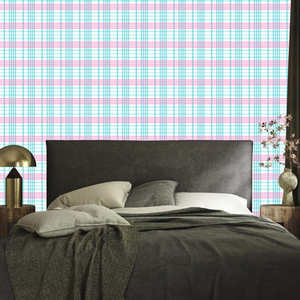 Pink and blue checkered wallpaper, celadon, white and powder pink, 50x1000