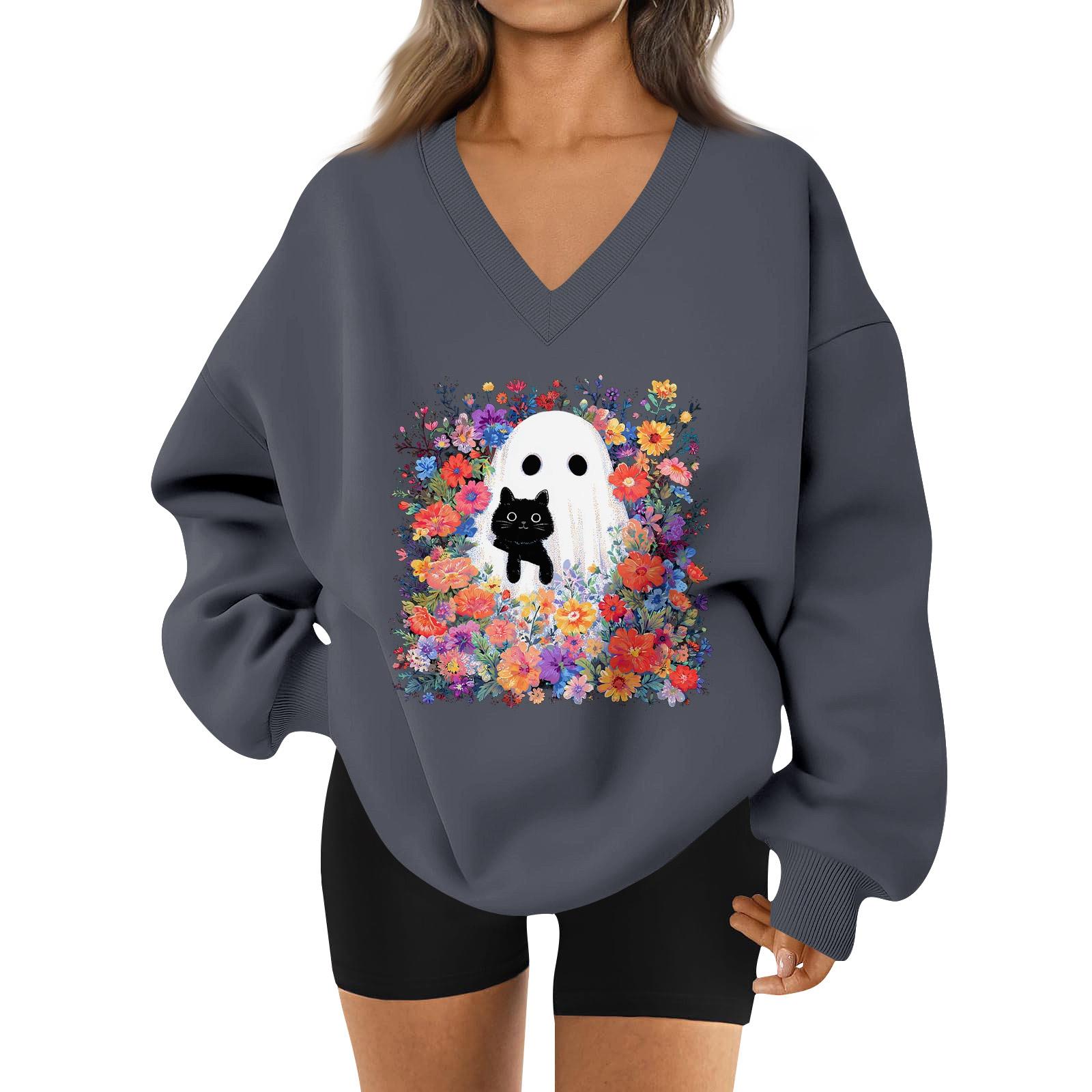 

Women s V-neck Dropped Shoulder Halloween Print Sports Sweatshirt Top L