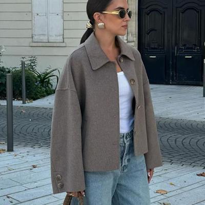 Damen Herbstmode Einfarbige Jacken Umlegekragen Lange Ärmel Mäntel Tasche Einreiher Lässige Oberbekleidung