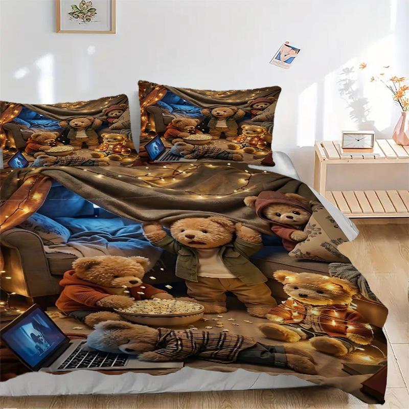 3-teiliges Anime-Teddybär-Bettwäscheset - Enthält einen Bettbezug und zwei Kissenbezüge (Kein Kern) - Perfekt für Schlafzimmer- und Gästezimmerdekoration,