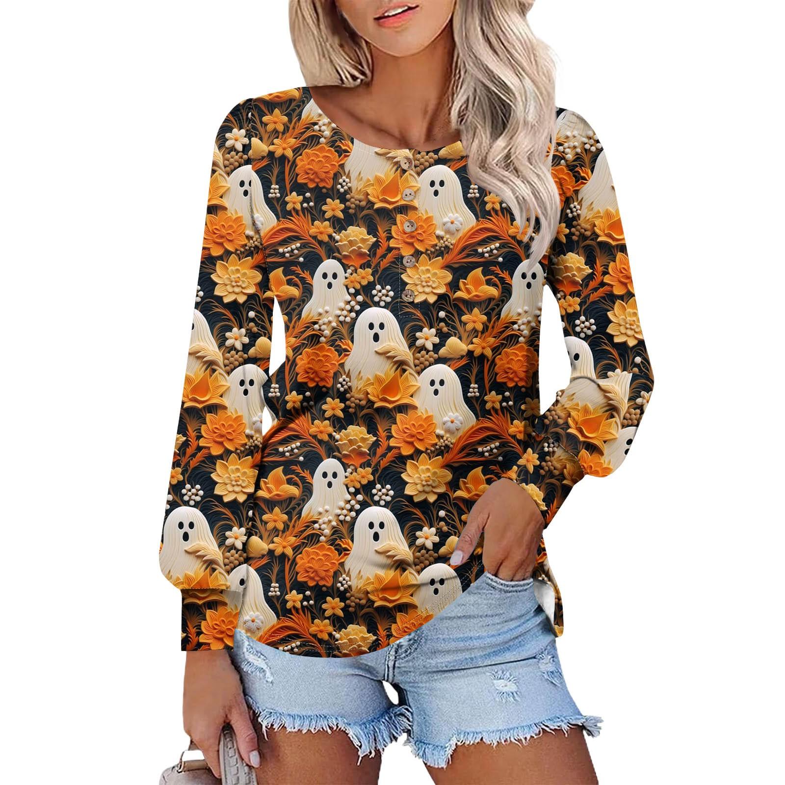 

Женские футболки с длинным рукавом и круглым вырезом, принты на Хэллоуин, рубашки с рукавами-фонариками, блузки на пуговицах, топы S
