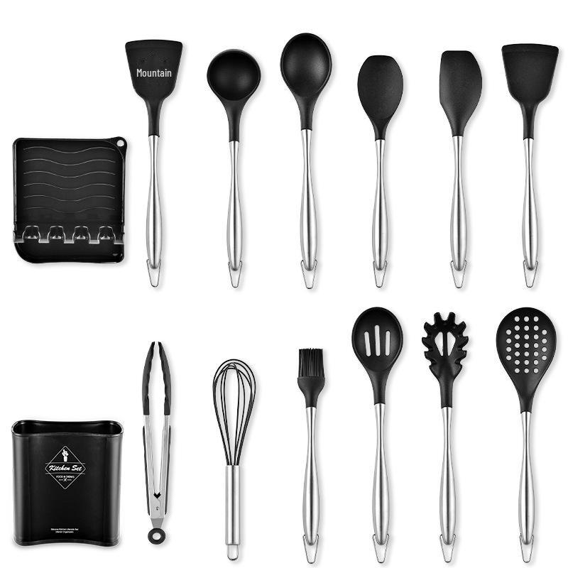 12-Piece Stainless Steel & Silicone Kitchen Utensil Set with Storage Bucket: Spatula, Spoon, Whisk Set