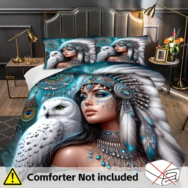 2/3pcs Comfortable 3D Printed Owl and Feather Theme Bedding Set, Digital Print Duvet Cover with Zipper Design, Machine Washable