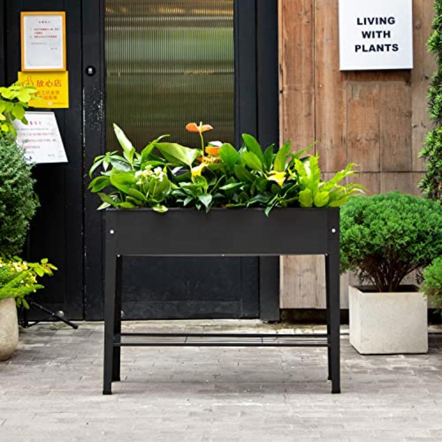 Raised Garden Bed Elevated Planter Metal Plant Box with Legs Standing Garden Stand Drainage Holes Frosted Black