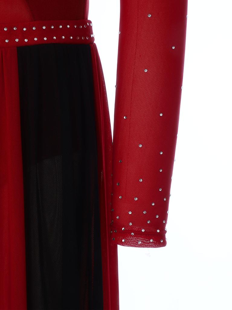 Kids Girls Stage Performance Dress: Back Invisible Zipper Color Block Mesh Patchwork Side Split with Shiny Rhinestones for Lyrical Dance