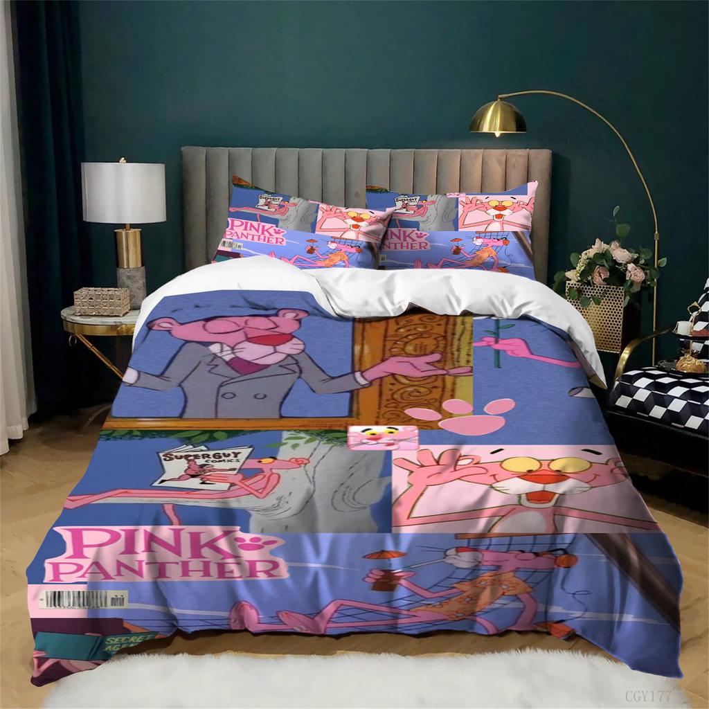 3-teiliges Pink Panther Show Bettwäsche-Set Leichte Bettbezug-Garnitur Einzelbett Gemütlich Ultra Weicher Bettbezug mit Kissenbezügen