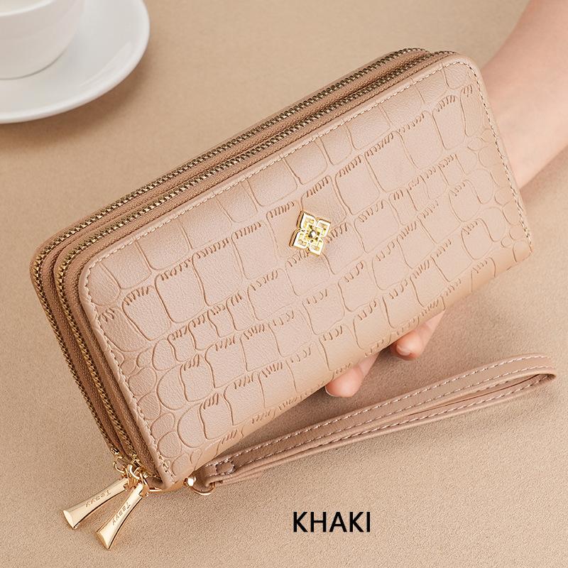 Новый кошелек для девочек, длинный кошелек с двойной молнией, модный, большой емкости, изысканный кошелек, клатч хаки