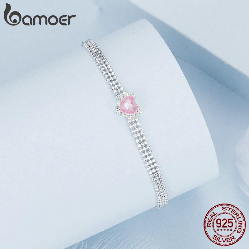 BAMOER Love Heart Bracelets for Women Girls 925 Silver with CZ, White Gold Plated Charm Link Chain Bracelet Jewelry