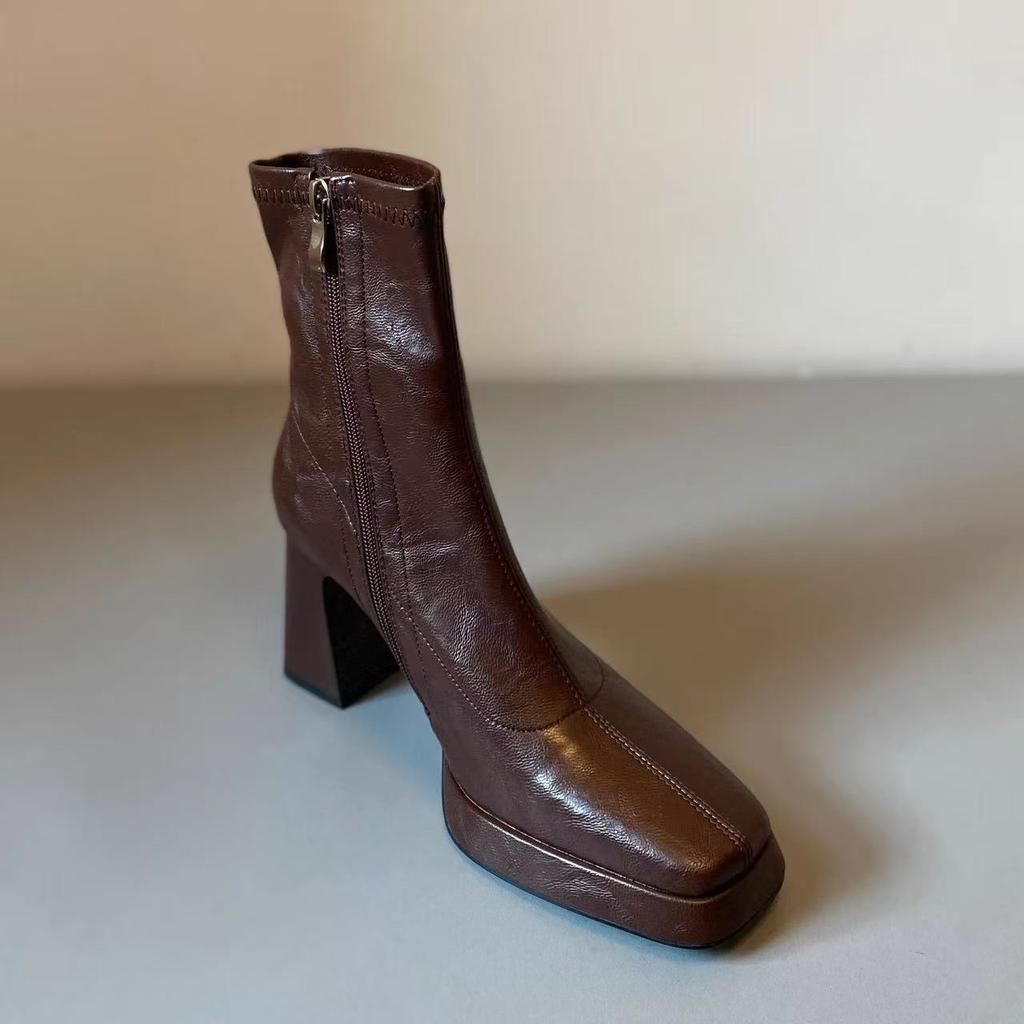 Block Heel Booties Women Fall Winter New Retro Platform Heightened Versatile Square Toe Rear Zipper