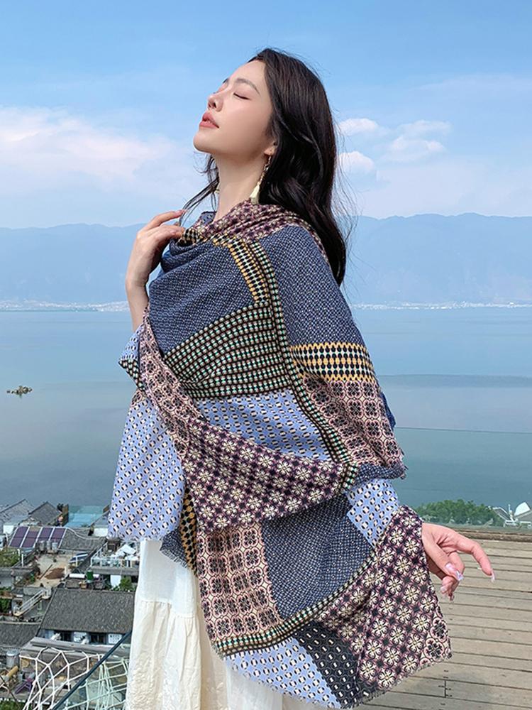 Cotton Linen Elegant Vintage Women Silk Scarf Beach Wrap Shawl Boho Print Lady Femme Hijab Bandana Mujer Vacation Scarve Pareo