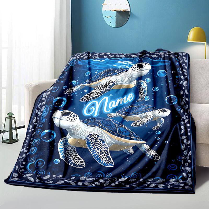 1PC Custom Name Ocean Turtles Art Flannel blankets Patterns Throw Blanket All-Season Soft Gift for Couch, Bed, Camping gifts