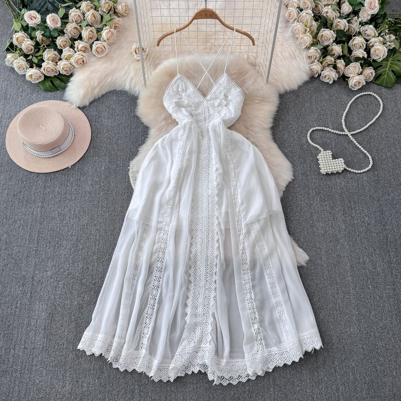 

White Moonlight Dress Women s French Pure Desire Atmosphere Lace Splicing Sling Fairy Dress Niche Style Chic Vacation Skirt White XL
