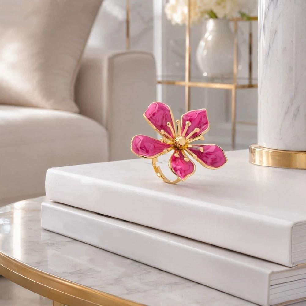 Metalen Bloemblaadje Grote Bloem Ring Banket Luxe Brede Opening Ring Emaille Bruidsring Vakantiefeest