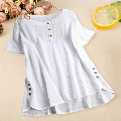 Women Summer Tops Short-Sleeved Round Neck Loose Fit Tee Shirt Buttons Neckline Irregular Hem Solid Color Thin T-shirt