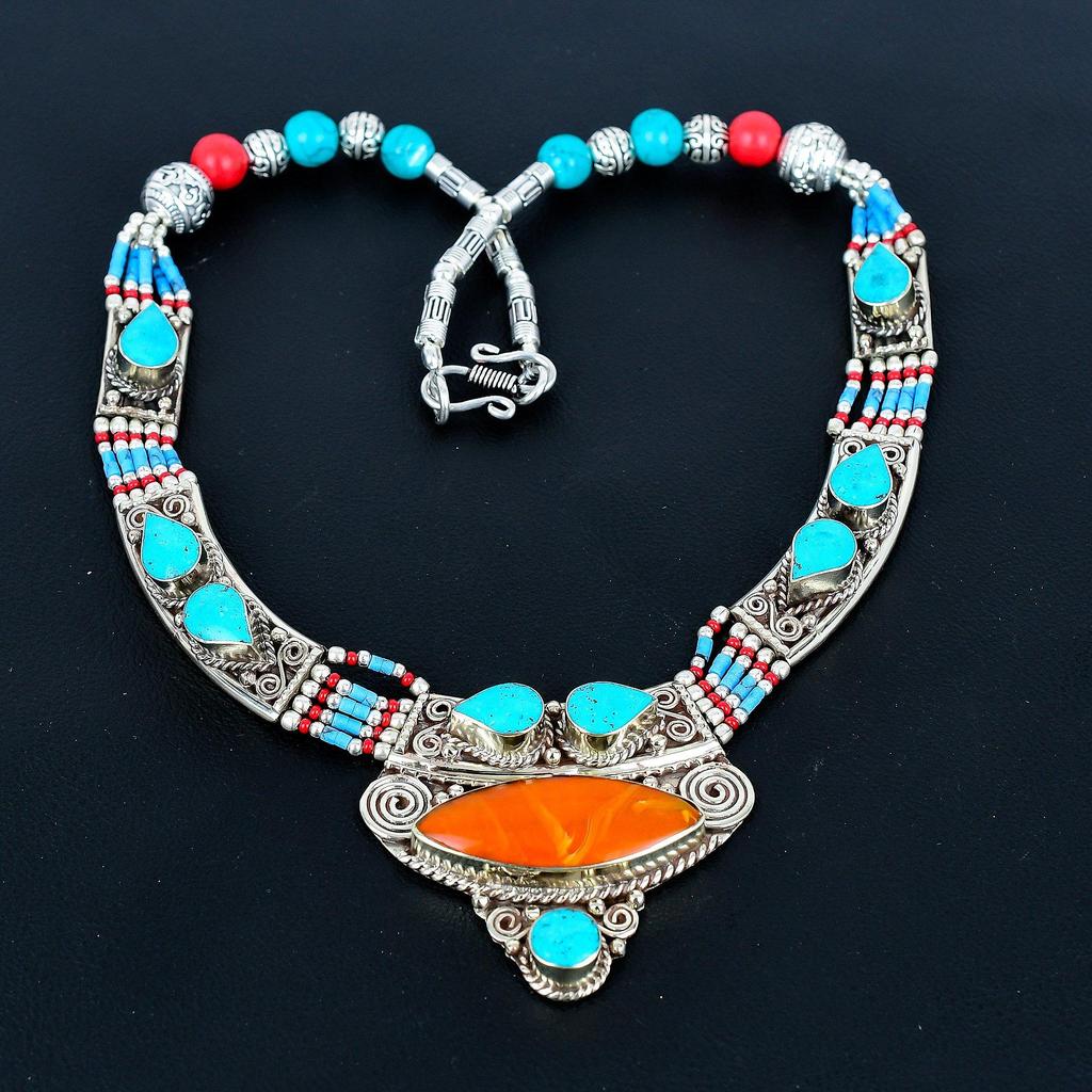 Red Coral, Turquoise 925 Silver Necklace Tibetan Silver Necklace Handmade Bead Jewelry Ethnic Jewelry Bohemian Nepali Necklace Elegant Unique Jewelry
