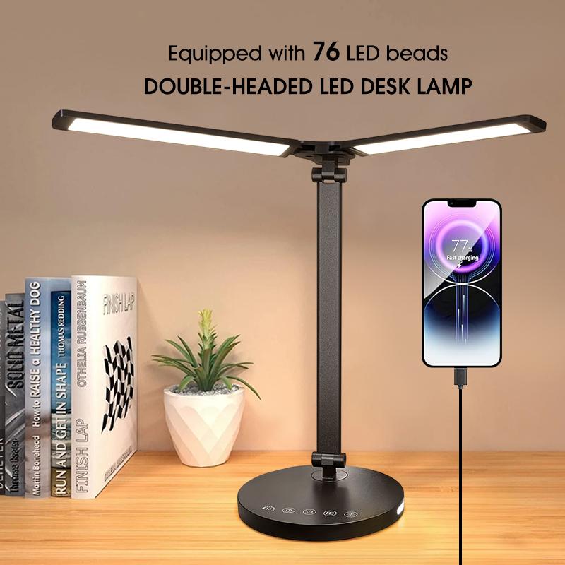 

Светодиодная настольная лампа с регулируемой яркостью, 5 цветов, диммируемый настольный светильник, интерфейс Type-C, настольная лампа с двумя головками для дома и офиса чёрный