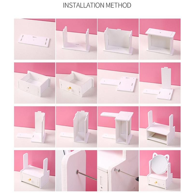 Assembly Makeup Mini Table Multifunctional Cosmetics Storage Rack With Rotating Mirror Skin Care Products Organizer Drawer Shelf