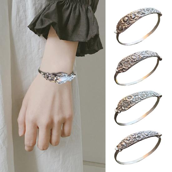 Handmade Sterling Spoon Bangle Floral Pattern Opening Bangle Boho Style Handle Cuff Jewelry Accessories