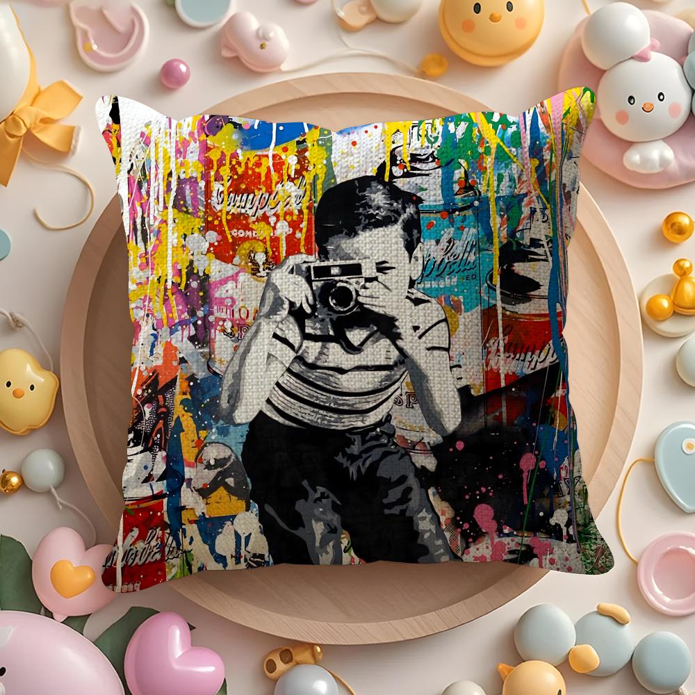 B-Banksy Street G-Graffiti Art Cushion Cover Natural Linen Organic Fabric Double-Sided Printing Sofa Home Decor Gift Pillow Case