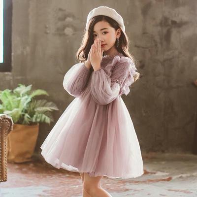 Mädchen-Spitzen-Prinzessinnenkleid im koreanischen Stil, Frühling/Herbst 2024 - Langärmelig, bauschiges Tüll-Einteiler