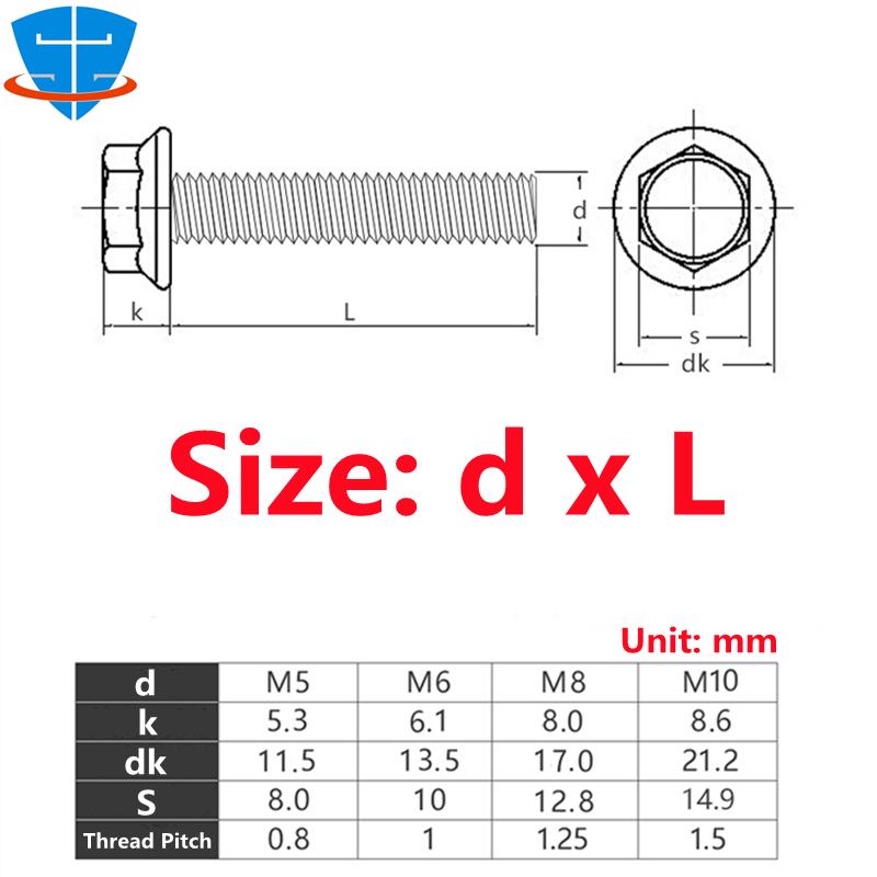DIN6921 M4 M5 M6 M8 M10 M12 Black 304 Stainless Steel External Hex Hexagon Flange Bolt Toothed Anti-skid Screws With Pad