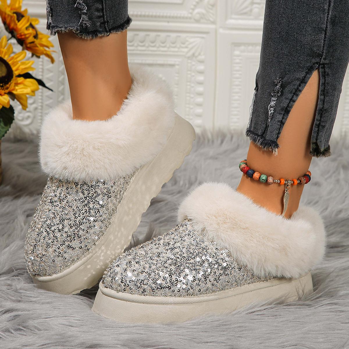 

Fleece thickened warm snow boots women s winter new sequined short tube one-pedal fluffy cotton shoes 36 белый