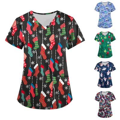 Women Short Sleeve V Neck Christmas Cartoon Pattern Tops Pocket Working T-shirts Non-positioning Print