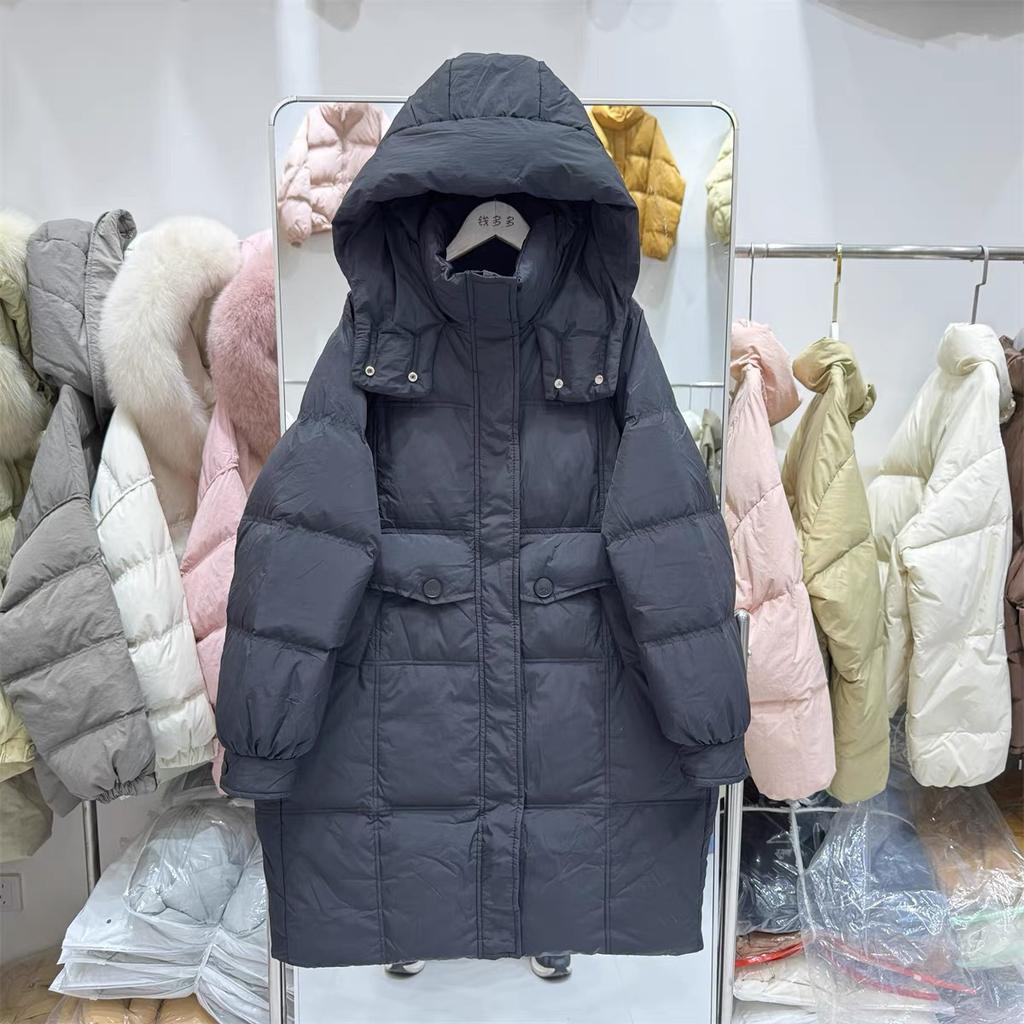 New Down Jacket Women's Medium and Long Hooded Thickened Loose Simple White Duck Down Versatile Jacket Tide