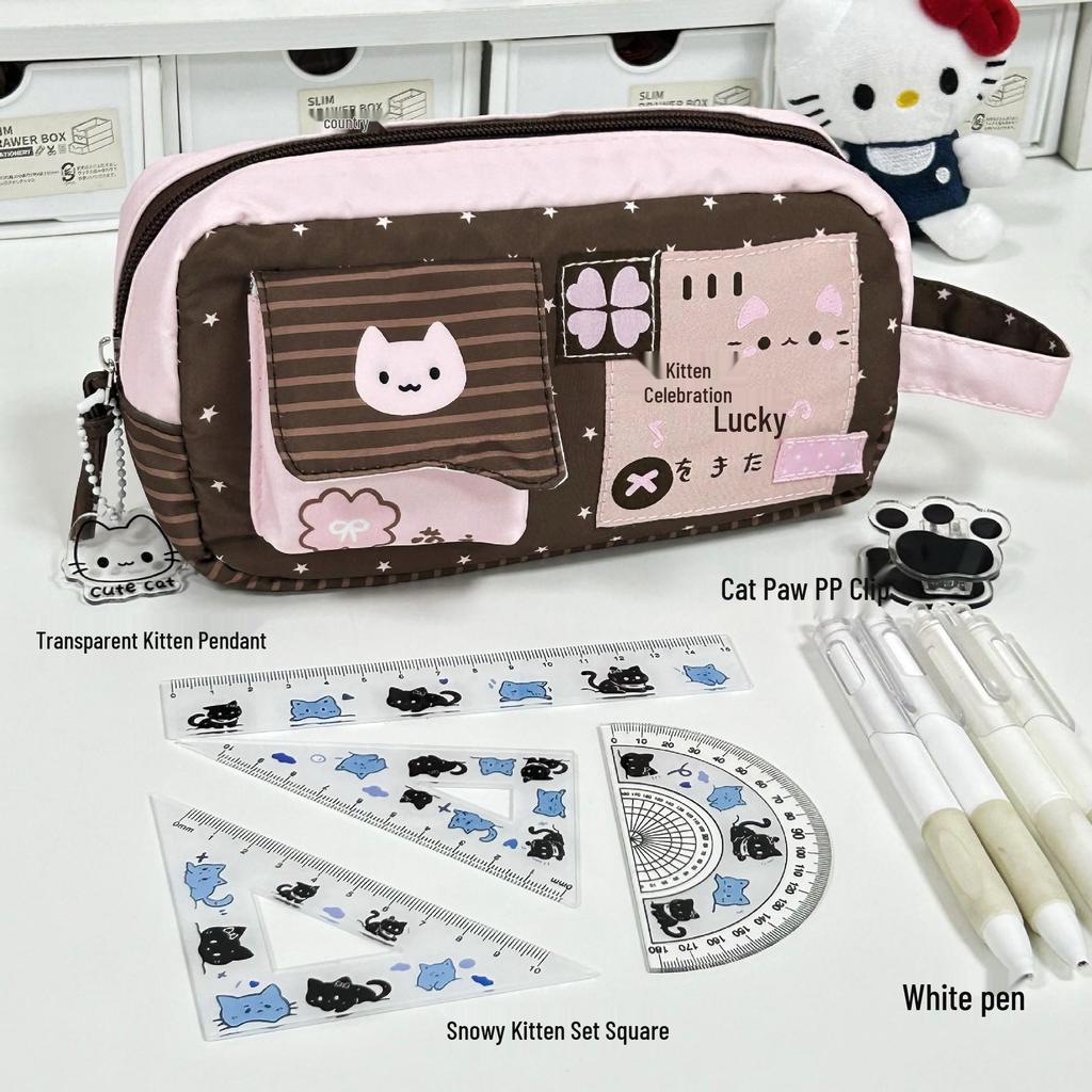 Pink & White Cartoon Kitten Pencil Case - Large Capacity for Girls, Trendy & Cute Stationery Bag for Students