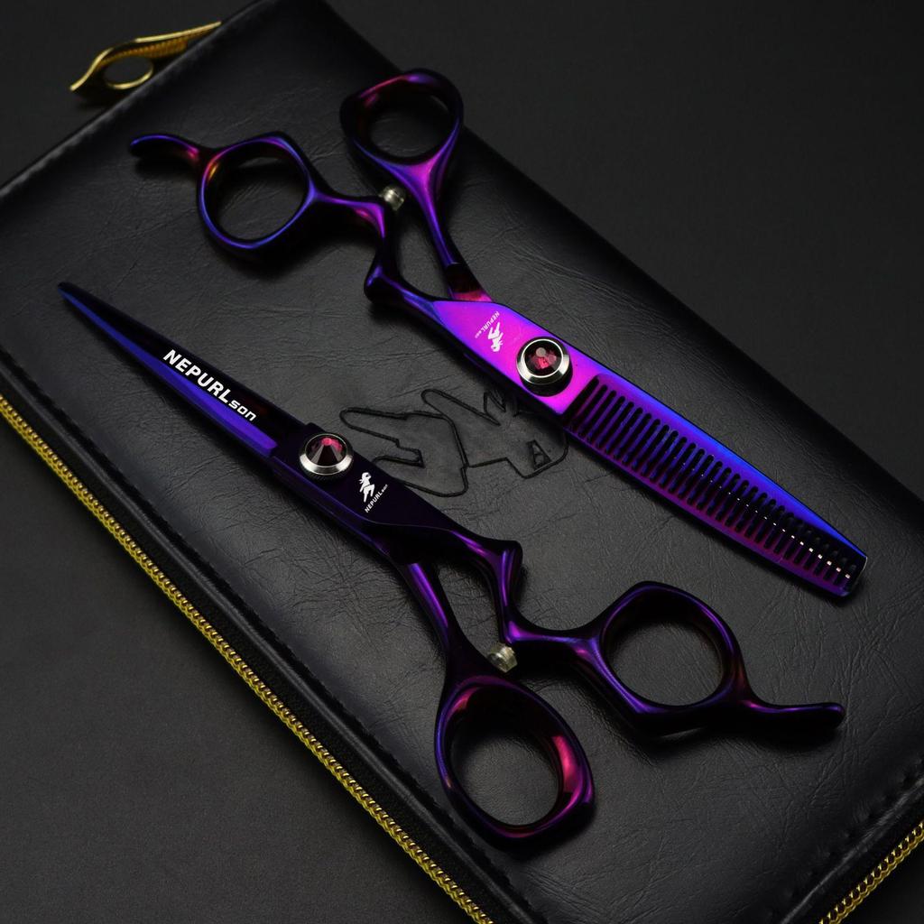 6.0" Napsun Purple Z-pattern Hairdressing & Barber Scissors Set - Includes Straight Shears, Bangs Scissors & Thinning Shears.