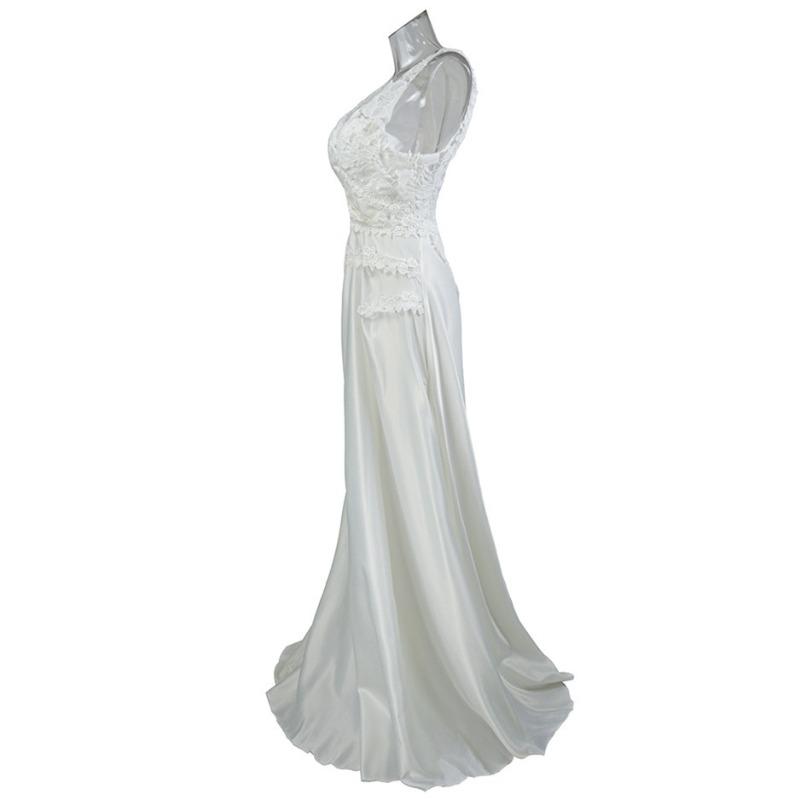 Abiti da ballo eleganti da donna bianchi alla moda, in pizzo patchwork, con scollo a V, da damigella d'onore, con bretelle, a linea A, abiti da sera formali