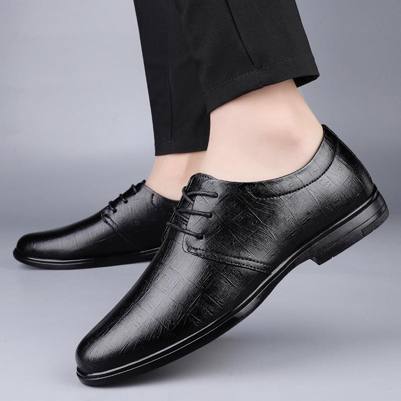 Men's Business Casual Leather Lace-Up Shoes - Low-Top, Flat Bottom, Cowhide Upper, British Gentleman Style.
