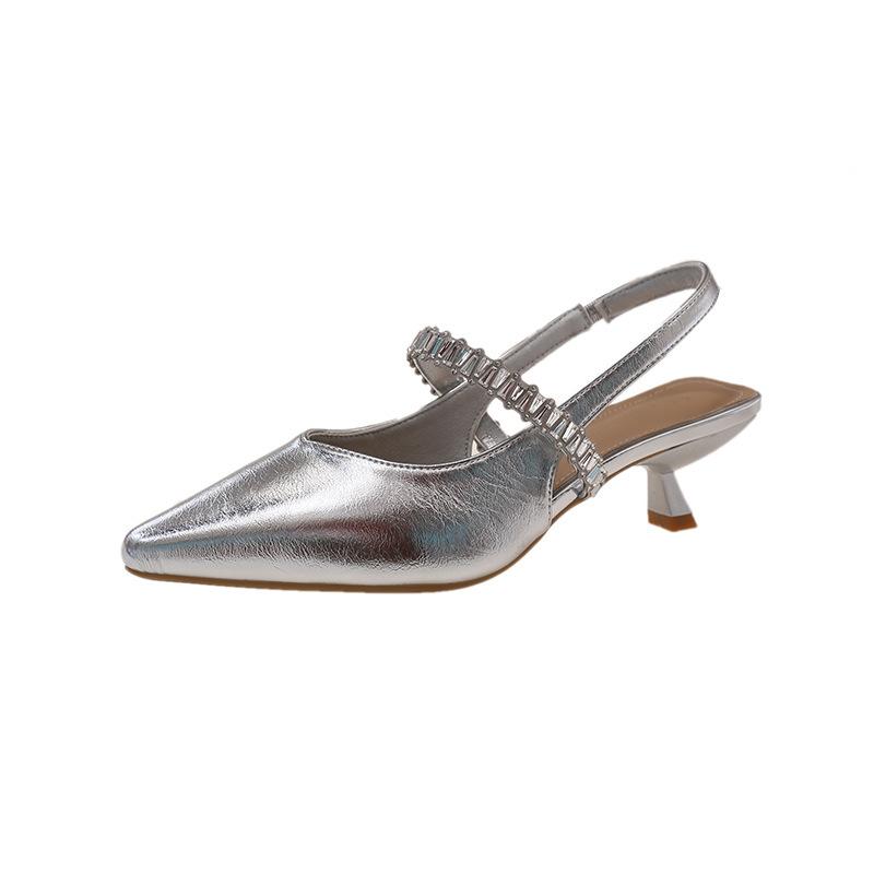 Summer new thin heel pointed head bag head empty high heels rhinestone rear strap single shoes women