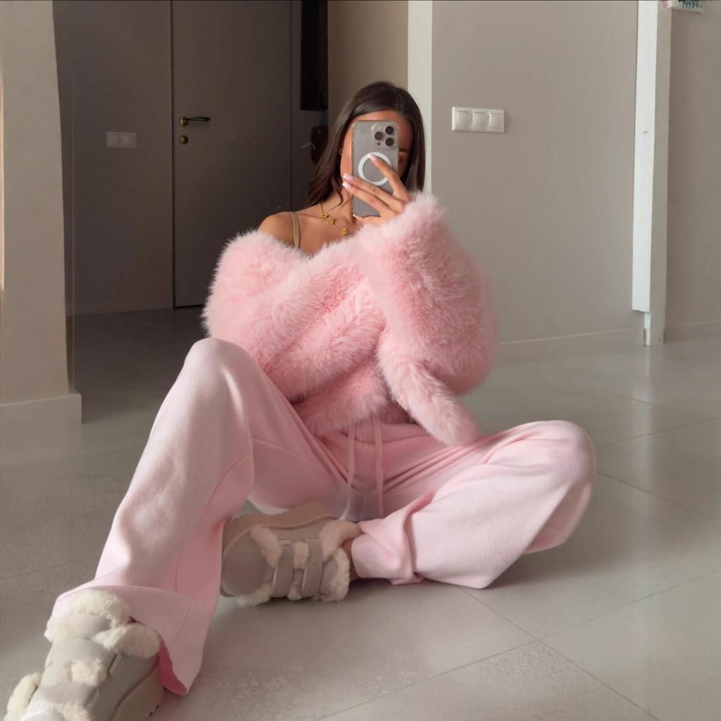 Women's Lapel Collar Long Sleeve Faux Fox Fur Coat Loose Fit Casual Autumn Short Jacket