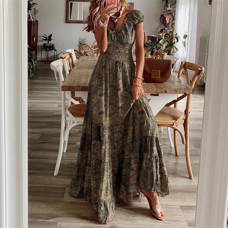 Bohemian V-Neck Maxi Dress with Cinched Waist and Retro Print