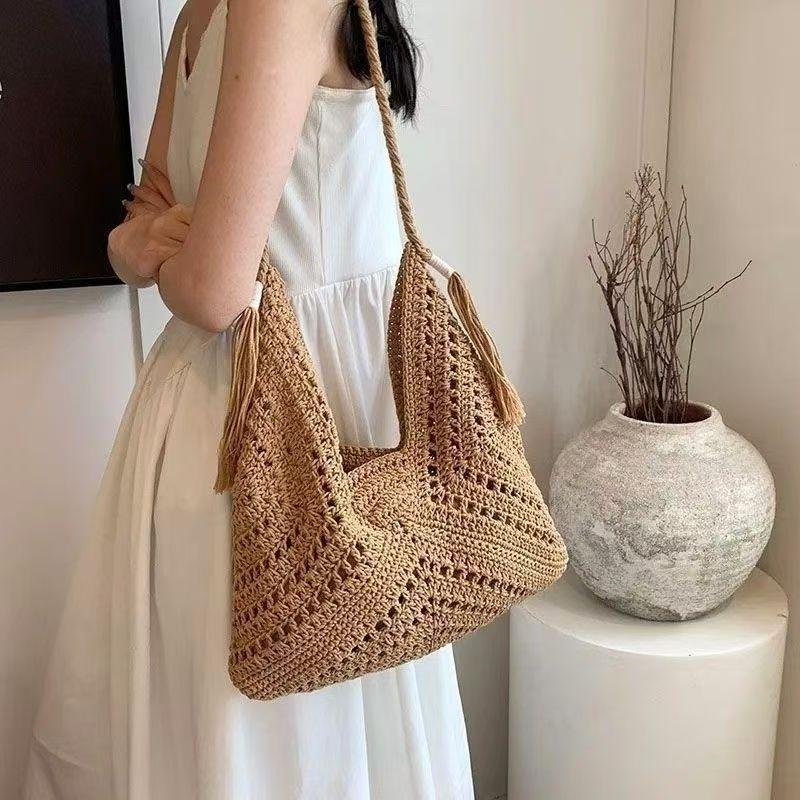 Casual Hollow Out Knitted Tote Bag Women's Summer Fashi Basket Weave Large Capacity Single Shoulder Bag for Daily Use