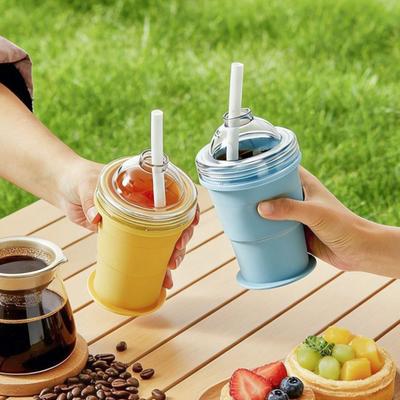 Ice Ball Maker Cup 2-in-1 Collapsible Silicone Ice Hockey Cup with Straw And Lid Foldable Easy Demolding Sphere Ice Cubes for Whiskey Cocktails