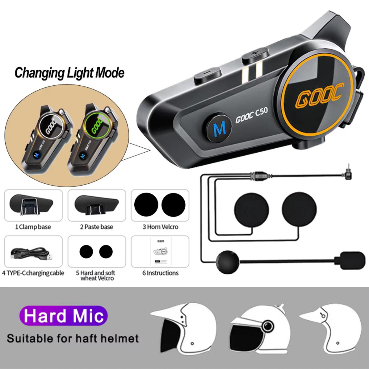 

C50 Мотоцикл Bluetooth Шолом Гарнітура V5.3 Tri-Colorful Lights Навушники IPX6 Водонепроникний Підтримка підключення 2 телефонів одночасно