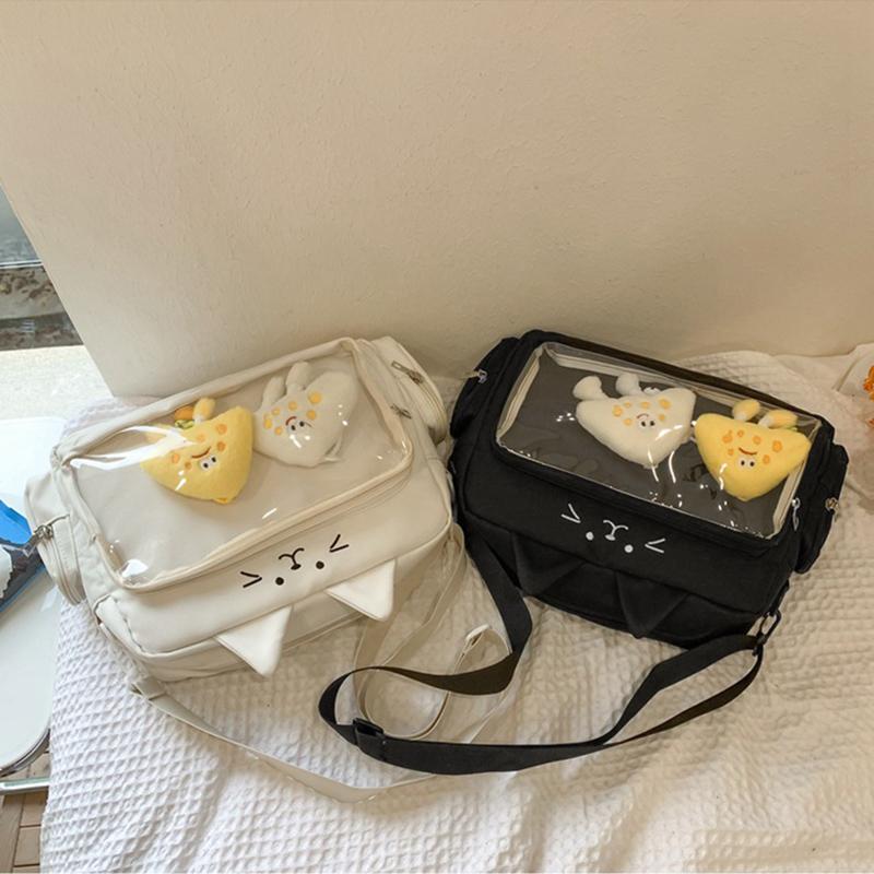 Roztomilá průhledná taška přes rameno s kočkou Velkokapacitní studentská crossbody taška Anime plátěná taška