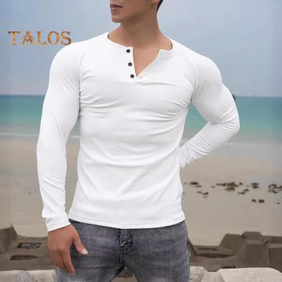 Jaro podzim pánské top s knoflíky, kulatým výstřihem, úzkým střihem, dlouhým rukávem, jednobarevný svetr, střední délka, elastické sportovní triko na jogging