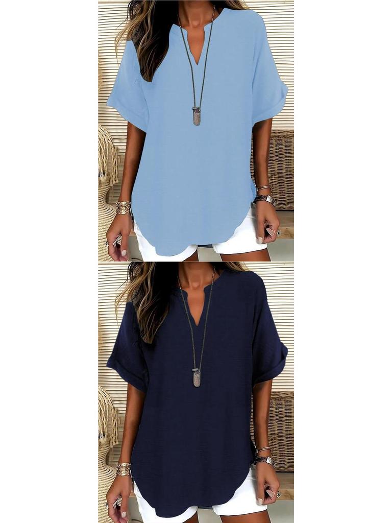 Women's Summer Loose Solid V-Neck Casual Shirt