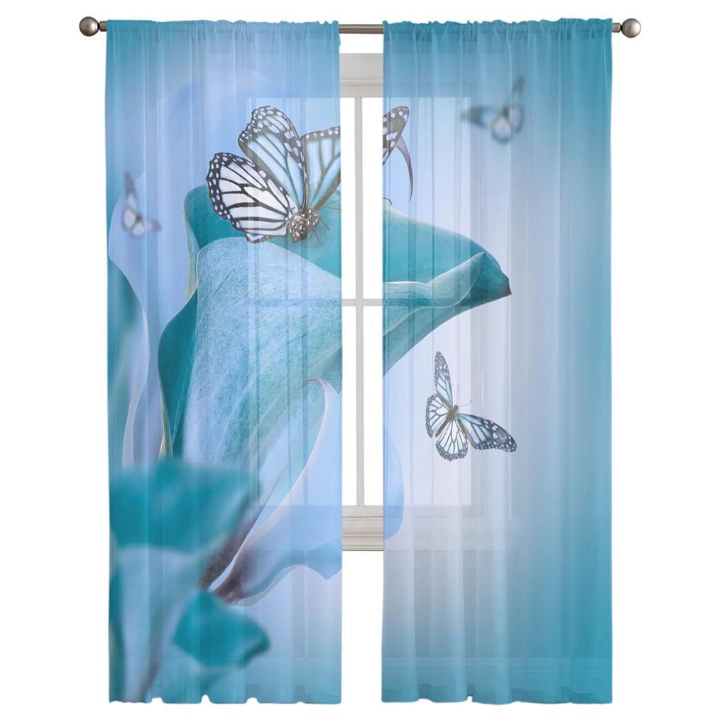 Motyl Kwiat Niebieski Roślina Przezroczysta Zasłona do Salonu Hall Wall Dress Up Home Window Supplies Pop Print Tiulowe Zasłony