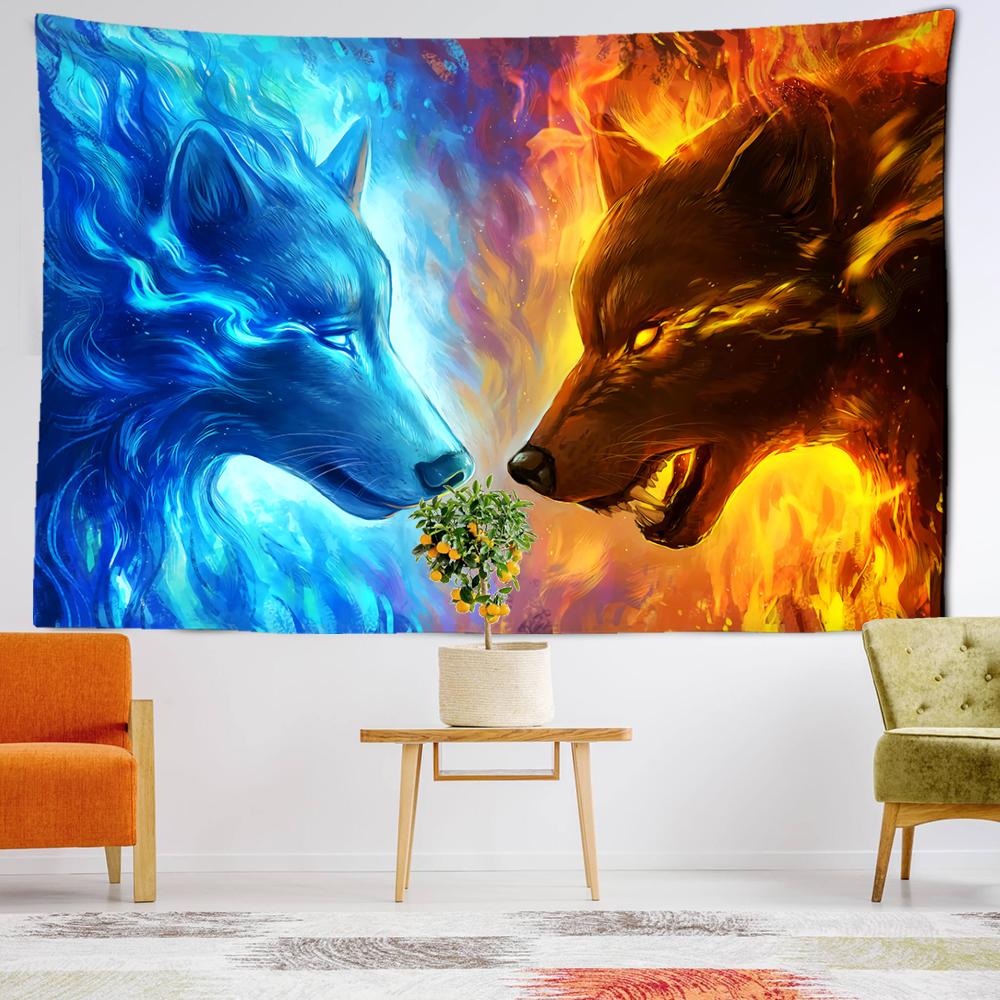 Ice and Fire Wolf Head Tapestry Wall Hanging Abstract Mysterious Art Witchcraft Hippie Tapitz Living Room Bedroom Home Decor
