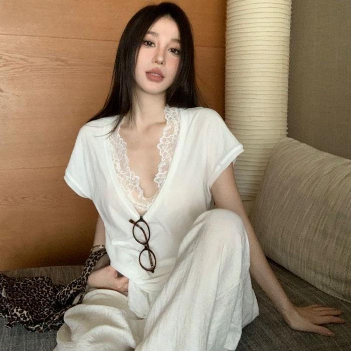 Summer Lace Inner Sweet and Spicy Gentle Wind Solid Color Vest Dark V-neck Off-the-shoulder Loose Short-sleeved T-shirt Top Women Ins