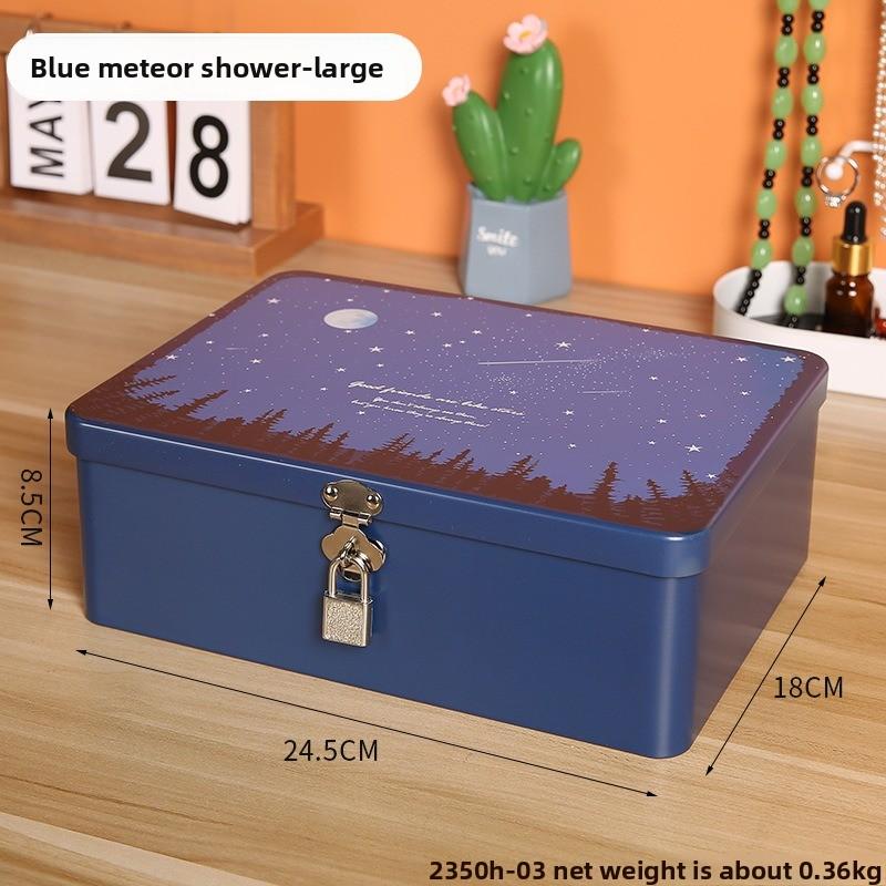 Retro Tinplate Box with Lock Key, Desktop Storage Box, Cosmetics, ID Storage, Household Jewelry Empty Box.