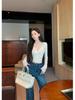 Women's Autumn Lace-up V-neck Lace Black Top - Slim Fit, Waist-cinching, Chic Long Sleeve